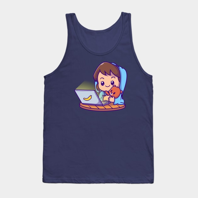 Cute Girl Watching On Laptop With Doll Cartoon Tank Top by Catalyst Labs